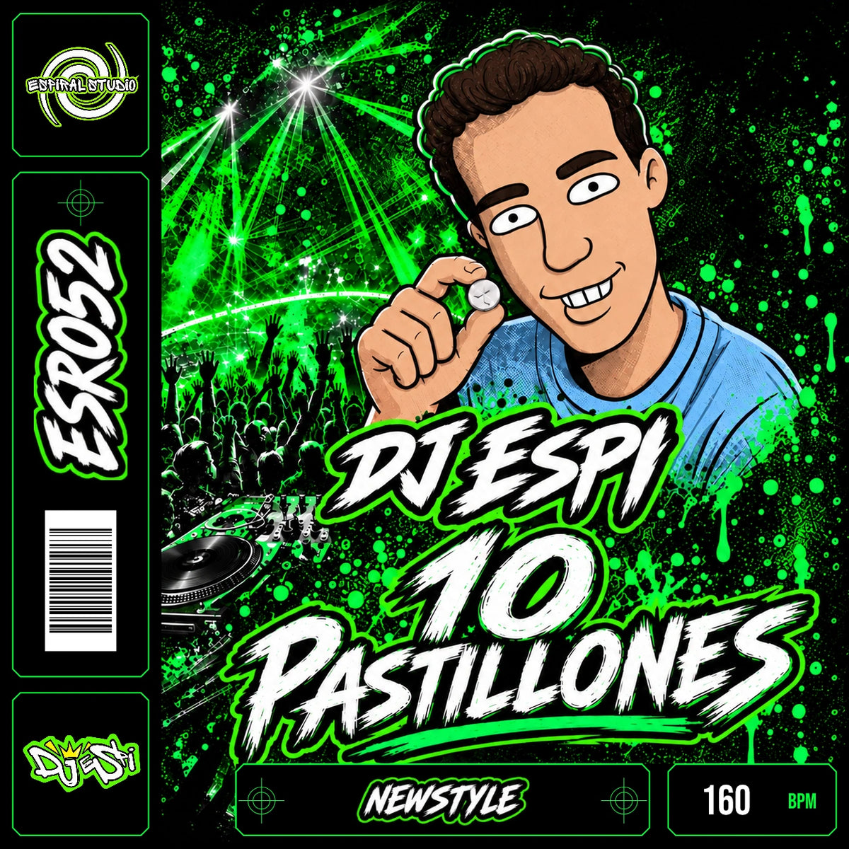 DJ ESPI - 10 PASTILLONES · ESR052 · NEWSTYLE · 160 BPM · Portada con acentos de color y banda de vinilo