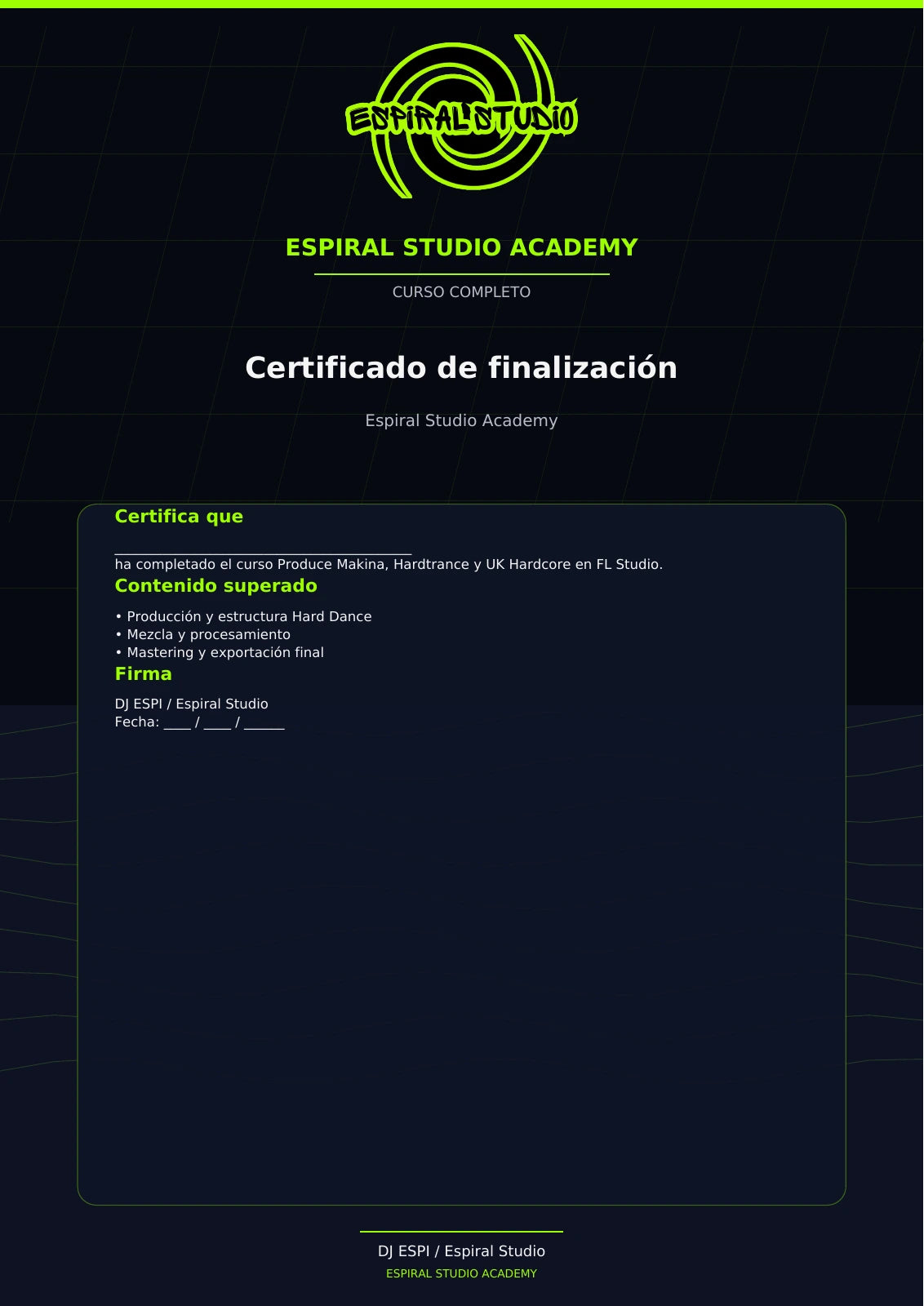 Plantilla de certificado de finalización de Espiral Studio Academy, sin completar y sin acreditación oficial