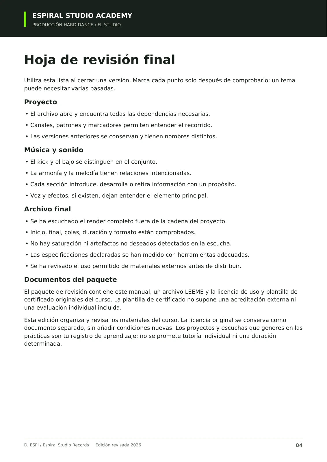 Página 4 del manual revisado de Espiral Studio Academy: checklist para revisar el proyecto, la mezcla y la exportación