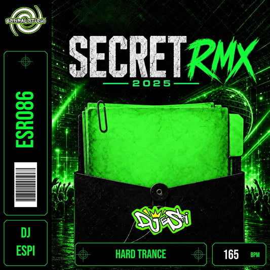 DJ ESPI - SECRET RMX 2025 · ESR086 · HARD TRANCE · 165 BPM · Portada en verde, blanco y negro