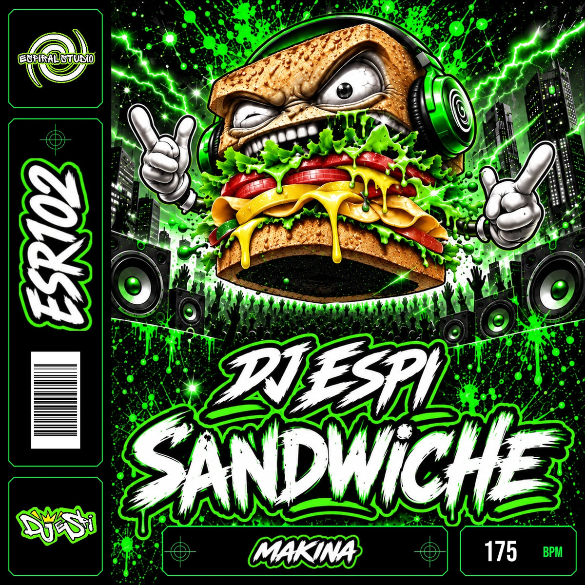 DJ ESPI - SANDWICHE · ESR102 · MAKINA · 175 BPM · Portada con acentos de color y banda de vinilo