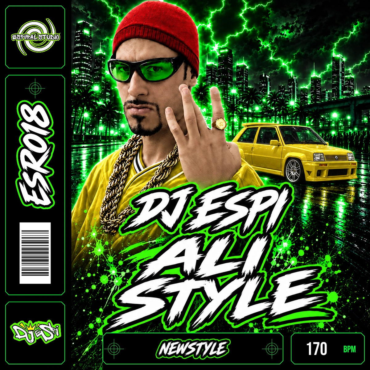 DJ ESPI - ALI STYLE · ESR018 · NEWSTYLE · 170 BPM · Renault 5 Copa Turbo amarillo, gorro rojo y camiseta amarilla