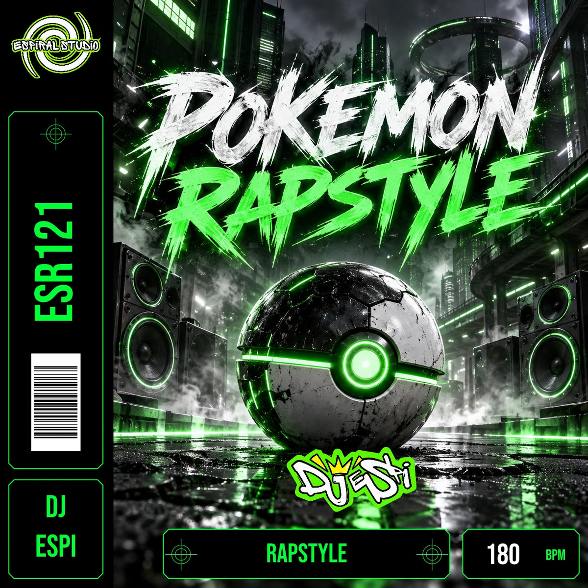 DJ ESPI - POKEMON RAPSTYLE · ESR121 · RAPSTYLE · 180 BPM · Portada en verde, blanco y negro