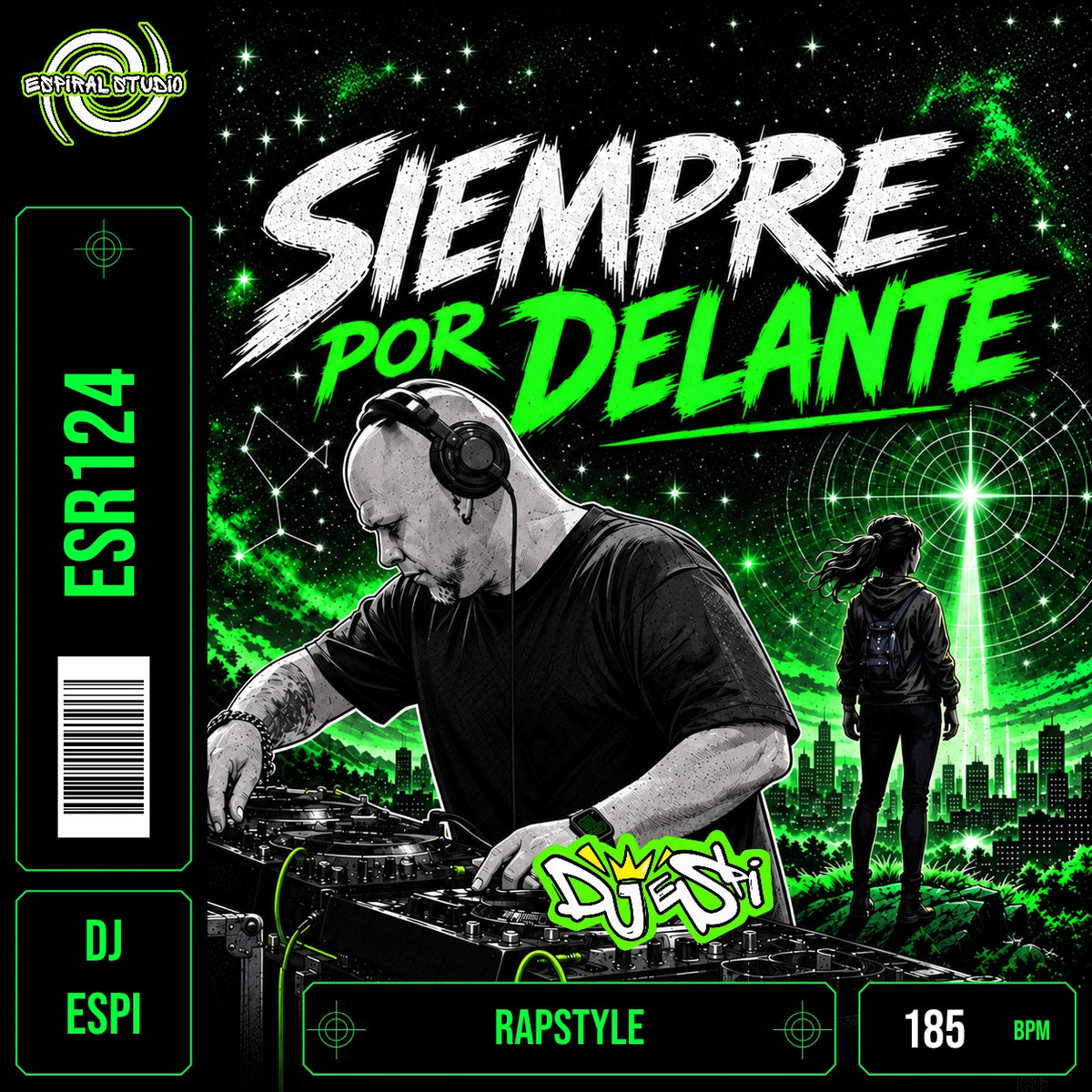 DJ ESPI - SIEMPRE POR DELANTE · ESR124 · RAPSTYLE · 185 BPM · Portada en verde, blanco y negro